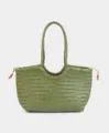 Detailed front view of the green leather woven tote bag, showcasing exquisite handmade texture. - Longjing Tea Green