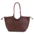 Brown woven leather tote bag, vintage handmade large capacity shoulder bag for women. - Coffee