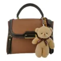 Stylish color-block handbag for women with top handle and cute teddy bear pendant charm. - Brown with Pendant