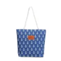 Blue canvas tote bag with white anchor print and comfortable rope handles for women. - Anchor