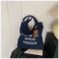 Blauer Jeans Canvas Shopper, lässige Damen Schultertasche mit Buchstaben und Bär Anhänger. - Ohne Anhänger / Dunkelblau
