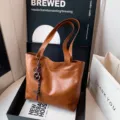 Brown PU leather tote bag for women, large capacity casual shoulder bag and handbag. - Brown with Pendant