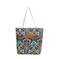 Detailed view of the colorful geometric canvas tote bag featuring sturdy white rope handles. - Style 2 Blue