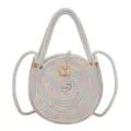 Lässige gewebte runde Umhängetasche, frische Baumwoll-Leinen-Tasche mit bunten Nähten. - Stil 1 / Weiß