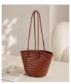 Brown leather woven bucket bag french retro single shoulder handbag for women stylish chic - Yellow Brown