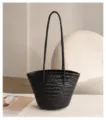 French vintage black leather woven bucket bag, elegant hand-woven basket shoulder bag. - Black