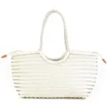 Handmade woven leather tote bag, large capacity shoulder bag with double top handles. - Cream