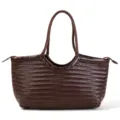 Dark brown woven leather tote bag, handmade vintage single shoulder underarm bag. - Coffee