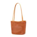 Brown woven leather shoulder bag, casual minimalist tote bag with double straps for daily wear. - Brown