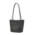 Black genuine leather woven tote bag, casual minimalist single shoulder for women - Black