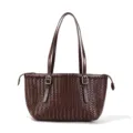 Brown leather woven tote bag for women, large capacity shoulder handbag with top handles. - Coffee