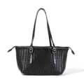 Black woven leather tote bag, top layer cowhide shoulder bag with vintage design variant. - Black
