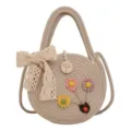 Cute beige woven straw crossbody bag with lace bow and floral decor, sweet style handbag for women. - Style 2 / Gray