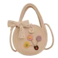 Sweet woven straw crossbody bag for women, cute floral lace bow round shoulder handbag. - Style 2 / Beige