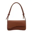 Brown women's underarm shoulder bag with stylish knotted strap and curved flap design. - Tan