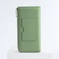 Green genuine leather long wallet for women with L-shaped zipper and exterior card slot. - Light Green