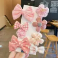 Set di fermagli per capelli rosa per ragazze, con fiocchi e fiori dolci per bambini. - Stile a Fiore (TFJ013-5#)