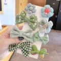 Set di fermagli per capelli da bambina con fiocchi in tessuto verde e fiori per un look quotidiano. - Stile a Fiocco (TFJ013-6#)