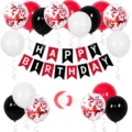 Birthday party balloon decoration set with happy birthday banner red black white balloons. - Red Black White