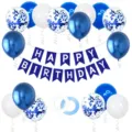 Blue birthday balloon set with swallowtail banner and confetti balloons for party decor. - Blue Series