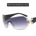 Y2K Wrap-Around Sunglasses With Rhinestone Metal Temples Streetwear Trendy Shades - C4 Shiny Black / Gradient Gray