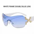 Y2K Wrap Around Sunglasses White Frame Blue Gradient Shield Rhinestone Luxury Chic Eyewear - C6 Shiny Gold / Gradient Blue