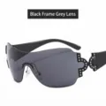 Y2K shield sunglasses for women, stylish black frame with dark grey lenses and rhinestone hinges. - C1 Shiny Black / All Gray