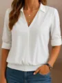 Women's white V-neck long sleeve blouse, casual solid color pullover shirt with lapel collar. - S / Tops / White