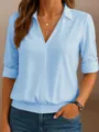 Casual light blue V-neck long sleeve blouse for women, loose fit daily wear top shirt. - S / Tops / Light Blue