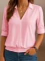 Details view of casual womens pink long sleeve V-neck pullover shirt for daily wear. - S / Tops / Pink
