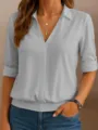 Women V Neck Long Sleeve Solid Color Casual Loose Blouse Elegant Spring Fashion Top - S / Tops / Gray