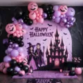 Halloween Party Hintergrund Deko-Set mit rosafarbenem Ballonbogen und Schloss Design - Halloween Set 21686