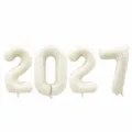 Close-up detail of 32-inch cream white number 2027 foil balloon set with straw accessory. - 2027 Digital Balloon / 32-inch / Cream White