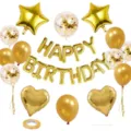 Detailed view of birthday party balloon set with gold foil letters and confetti. - Gold Birthday Set