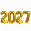 Detailed view of 32 inch gold foil 2027 number balloons set with inflation straw accessory. - 2027 Digital Balloon / 32-inch / Gold