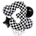 Set di palloncini di compleanno da corsa a quadri neri e bianchi, numero 3 da 40 pollici. - Set da 5 Pezzi da Corsa Nero e Bianco 3