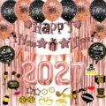 New Year party decoration set with balloons, banners, and photo booth props for 2027 celebration. - New Year 2027 Rose Gold Number Banner Balloon Set