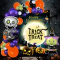 Halloween balloon arch kit with skeleton witch foil balloons and scary backdrop for party decor. - Halloween Black Purple Orange Skeleton Witch Set
