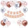 Birthday party balloon decoration set with rose gold silver balloons and happy birthday banner. - Rose Gold Silver