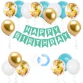 Birthday party decoration set with colorful balloons and happy birthday banner for children. - Blue Gold