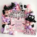 Ροζ και μαύρο σετ μπαλονιών Halloween με μπαλονιά αλουμινίου φάντασμα και πανό πάρτι. - Set Halloween 21660