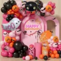 Halloween feest ballonboog set met geest spin folieballonnen en roze achtergrond decoratie - Halloween Set 21693