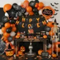 Halloween balloon arch kit with orange black balloons, skeleton and spooky party decor props. - Halloween Set 21658