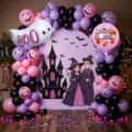 Κιτ αψίδας μπαλονιών Halloween με μωβ κάστρο φόντο, μάγισσα και φάντασμα για πάρτι. - Σετ Halloween 21682