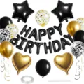 Black and gold happy birthday balloon set with letter foil and confetti latex balloons. - Black Gold Birthday Set