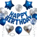 Birthday balloon set with blue Happy Birthday letters, foil stars, hearts, and confetti balloons. - Blue and Silver Birthday Set