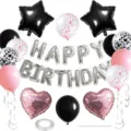 Birthday party balloon decoration set with foil letter balloons, star and heart balloons. - Pink, Silver and Black Birthday Set