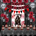 Halloween party decoration set with skull balloons banner and spider web tablecloth props. - Black Spider Tablecloth Balloon Set / Black
