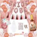 Rose gold bachelorette party decoration kit featuring balloons, banner, veil, and ring balloon. - Rose Gold Set