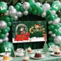 Christmas balloon arch kit with green silver latex balloons and holiday backdrop banner. - Green Silver Christmas Backdrop Set 2621